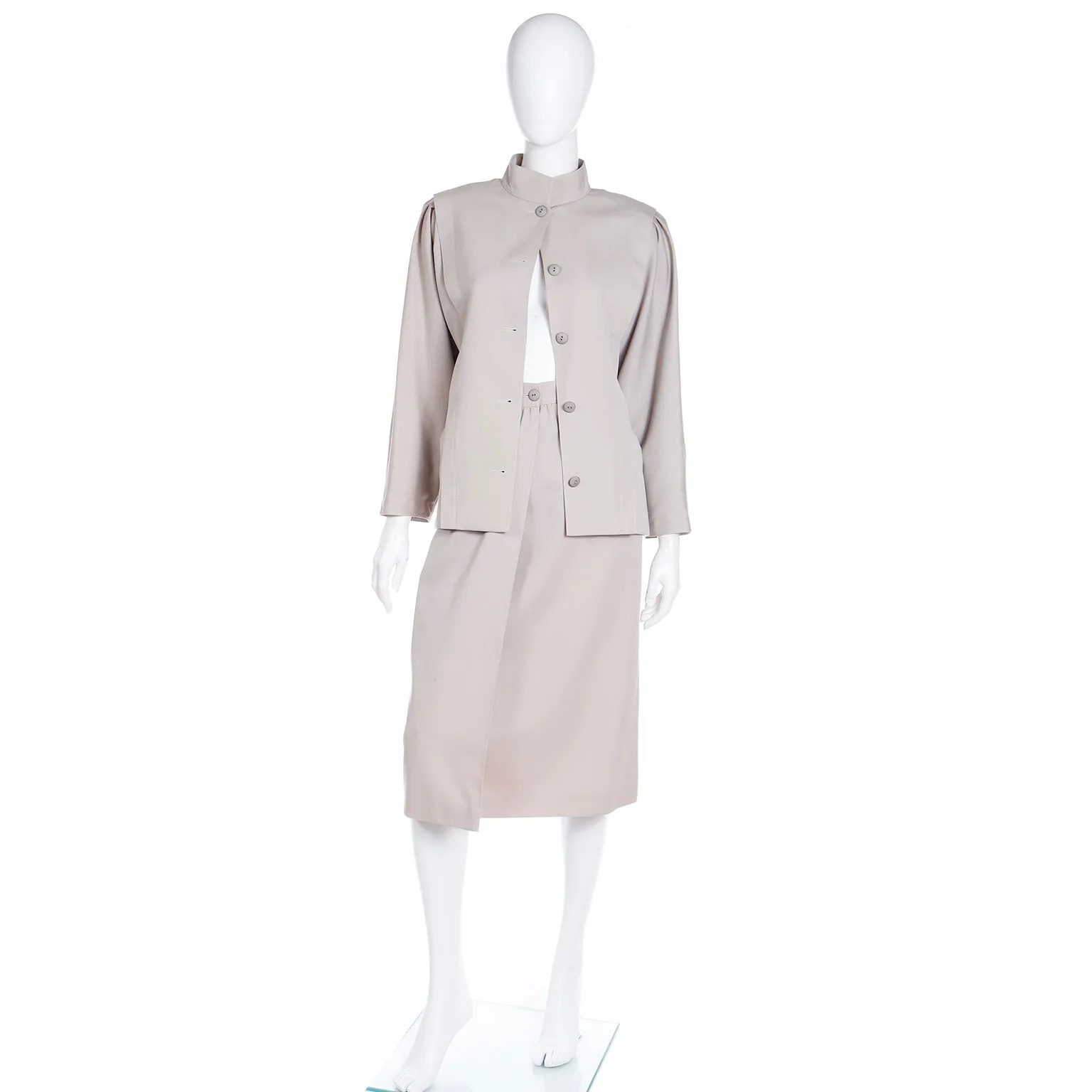 1980s Louis Feraud Neutral 2 Piece Skirt & Jacket Suit