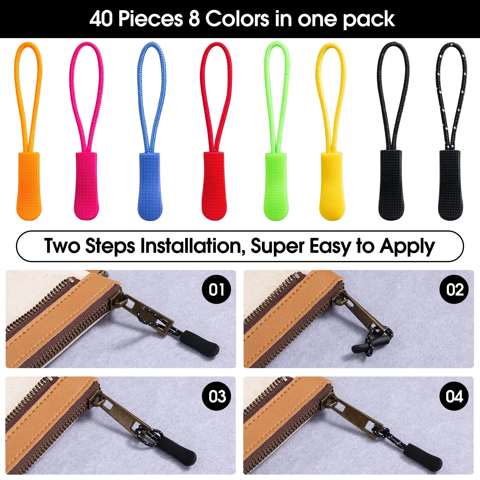 40 Pieces Zipper Pulls Zip Extension Zipper Tag for Clothes Backpacks Traveling Case Handbag Purse Zipper Replacement Tag Tents 40