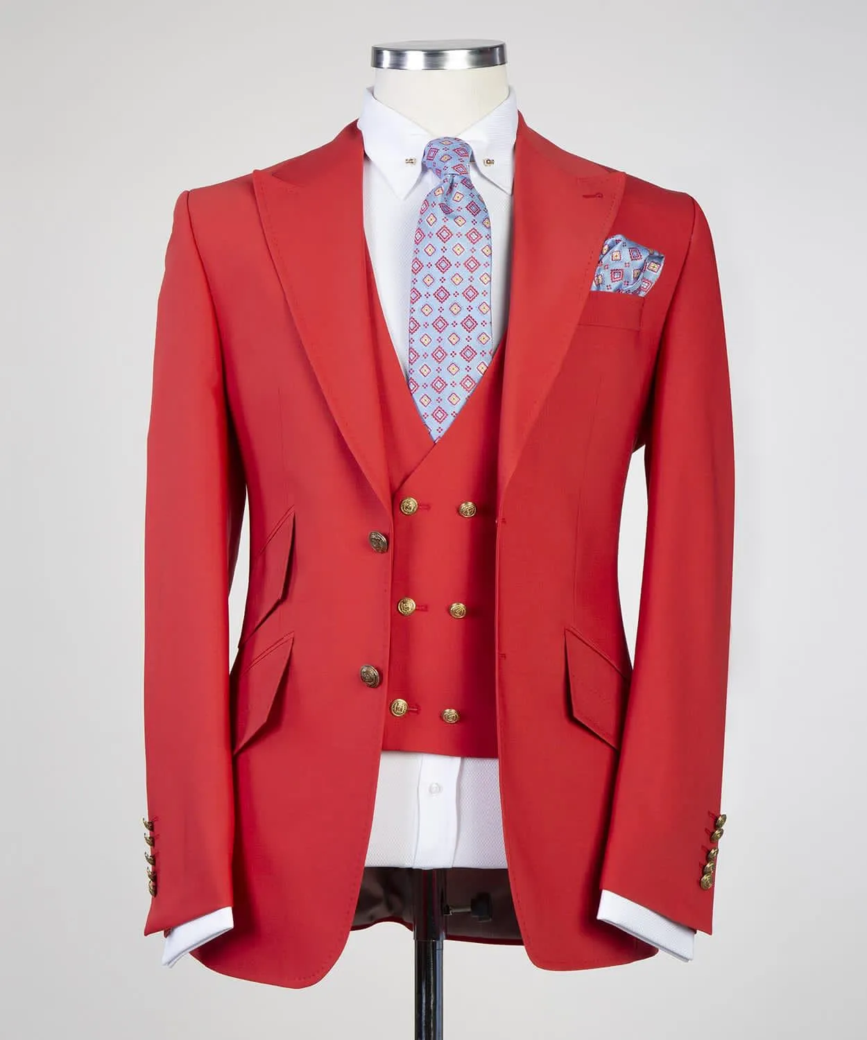 Angus Latest Red Peak Lapel Three-Piece Fashionable Prom Suits