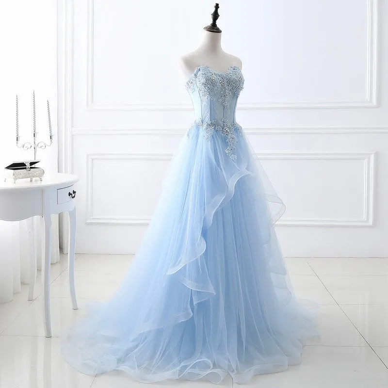 Baby Blue Strapless A Line Tulle  Prom Dress Formal Party Dress 218