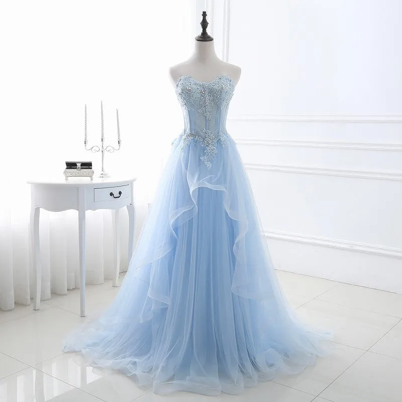 Baby Blue Strapless A Line Tulle  Prom Dress Formal Party Dress 218