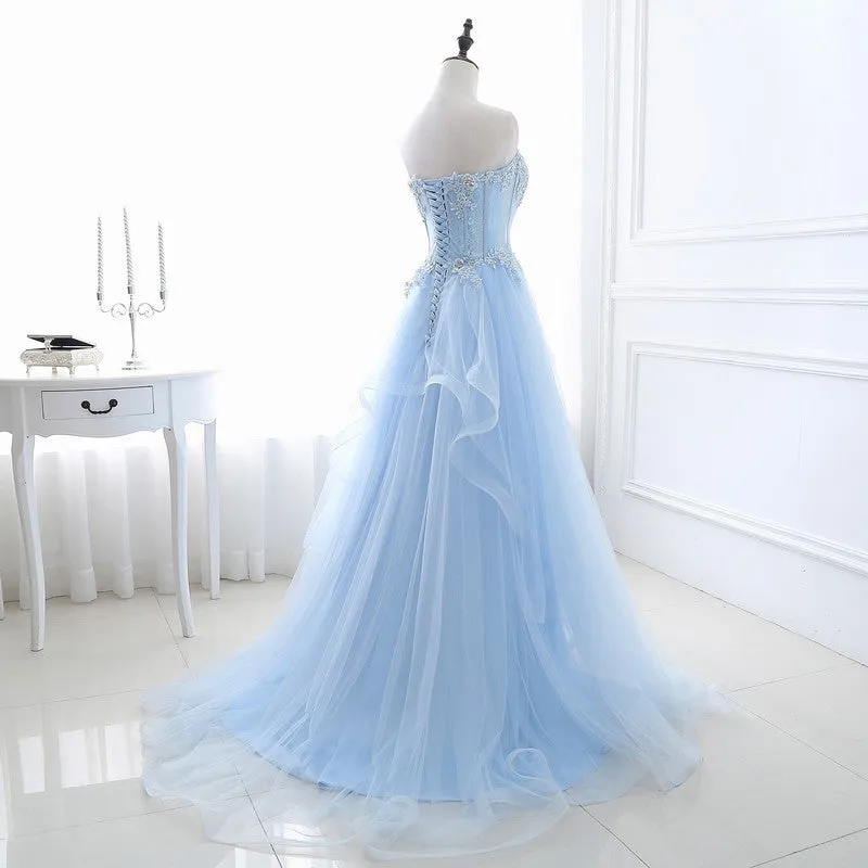 Baby Blue Strapless A Line Tulle  Prom Dress Formal Party Dress 218