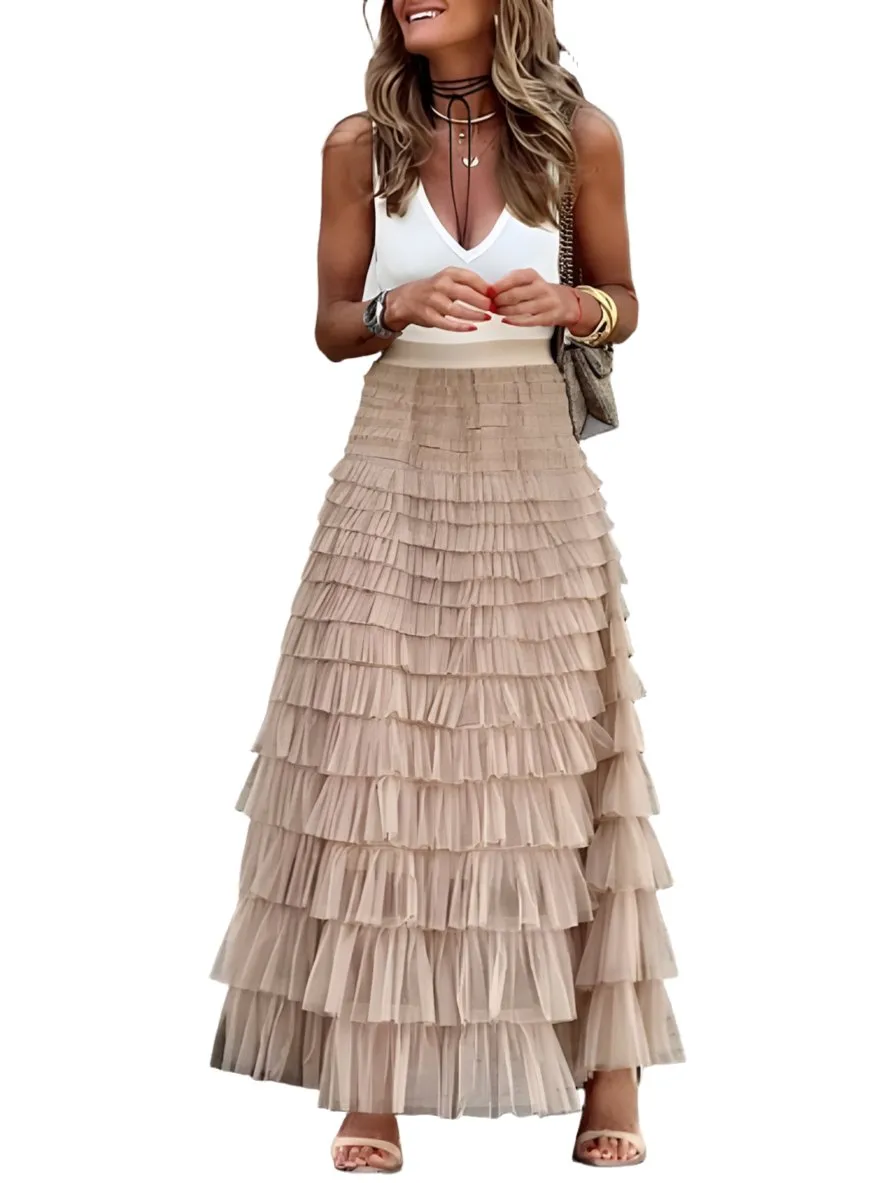 Beige layered maxi skirt