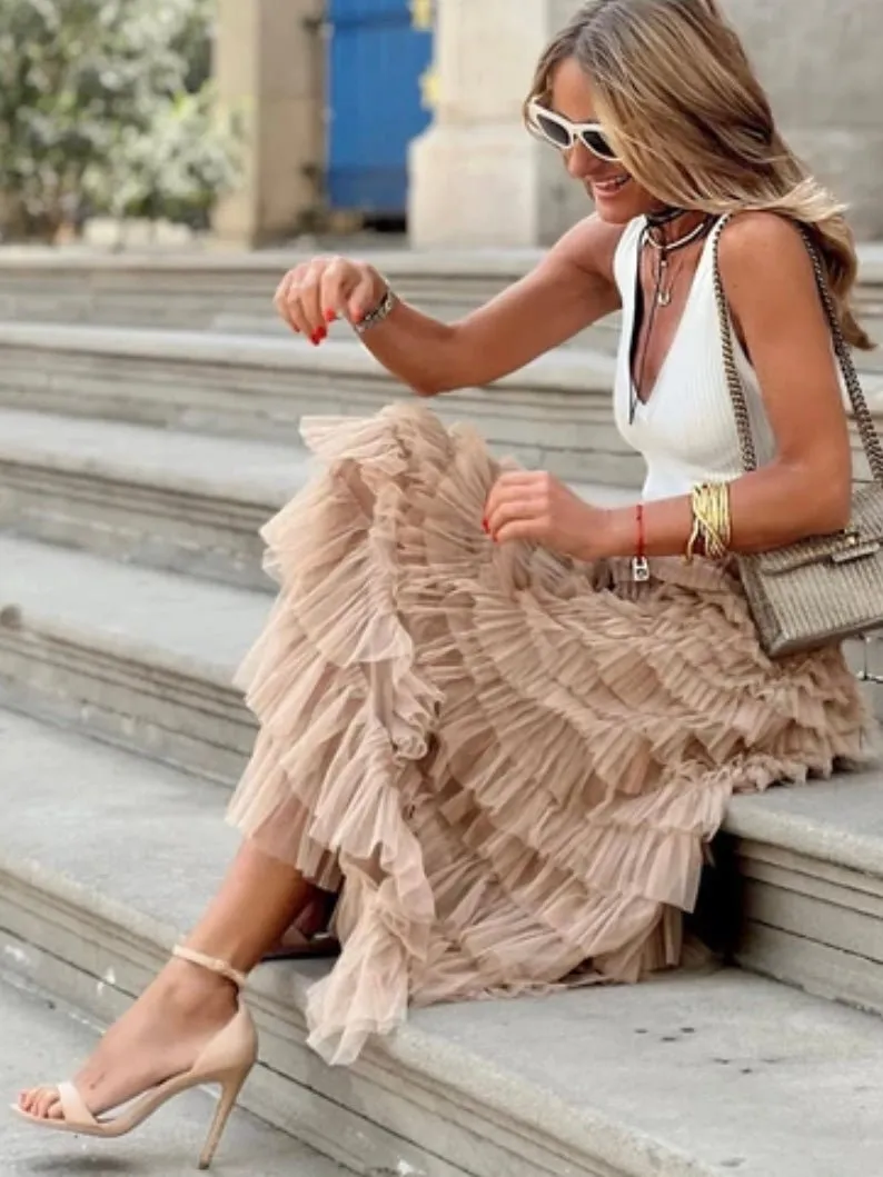 Beige layered maxi skirt