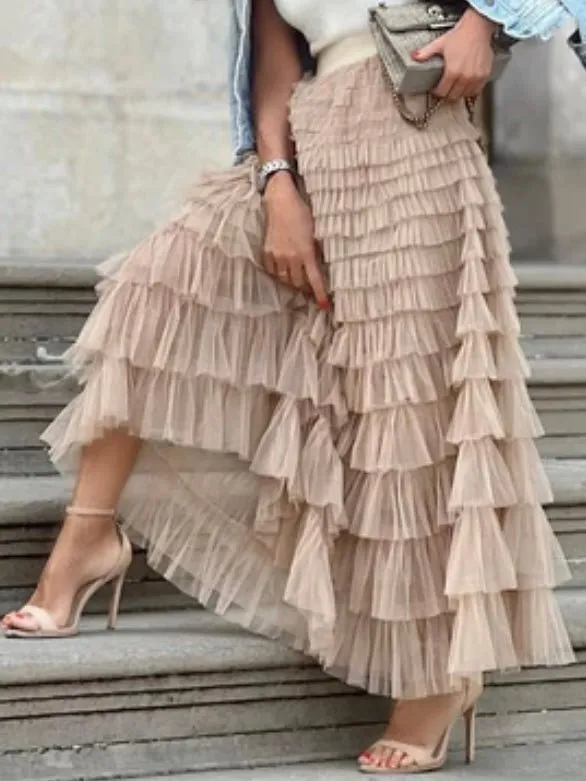 Beige layered maxi skirt