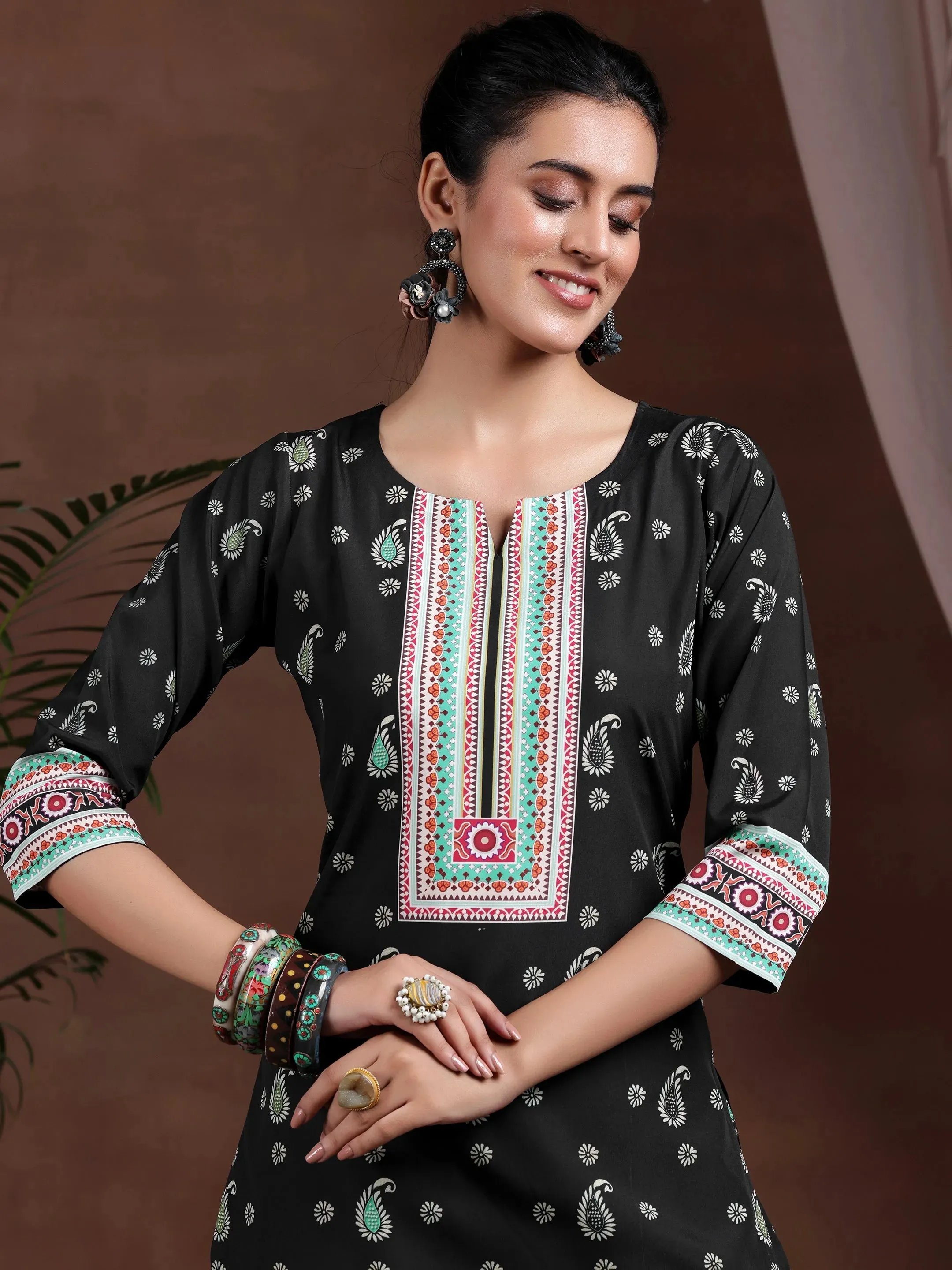 Black Printed Poly Crepe Straight Kurta Set