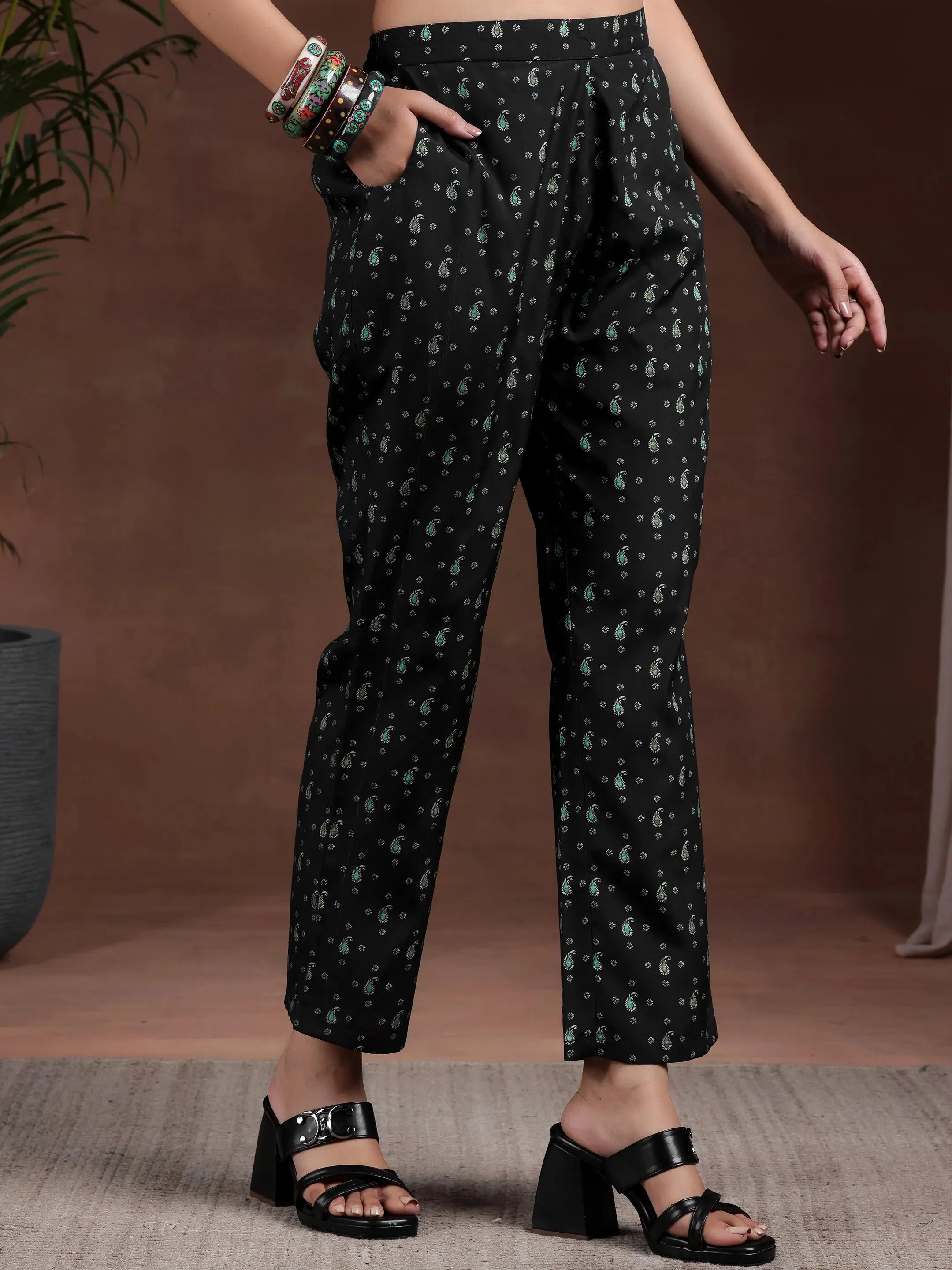 Black Printed Poly Crepe Straight Kurta Set