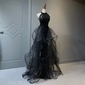 Black Sparkly Long Prom Dress A Line Tulle Evening Gown Party Dress 179