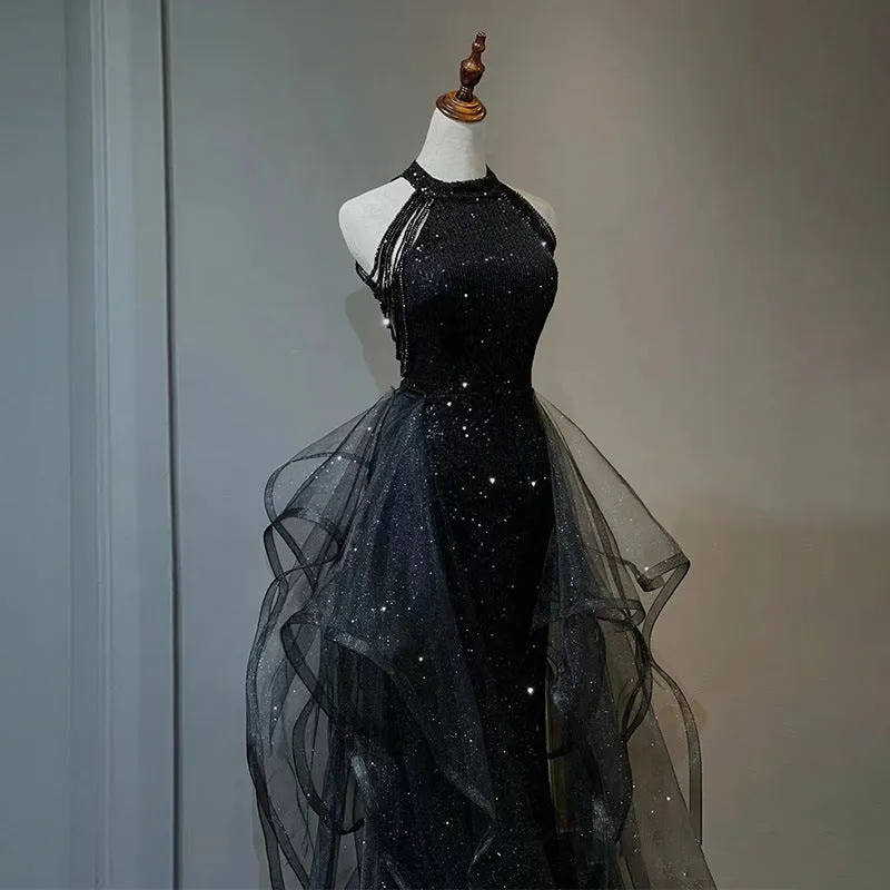 Black Sparkly Long Prom Dress A Line Tulle Evening Gown Party Dress 179