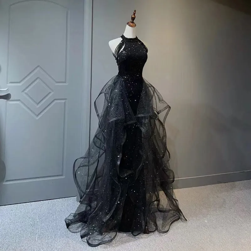 Black Sparkly Long Prom Dress A Line Tulle Evening Gown Party Dress 179