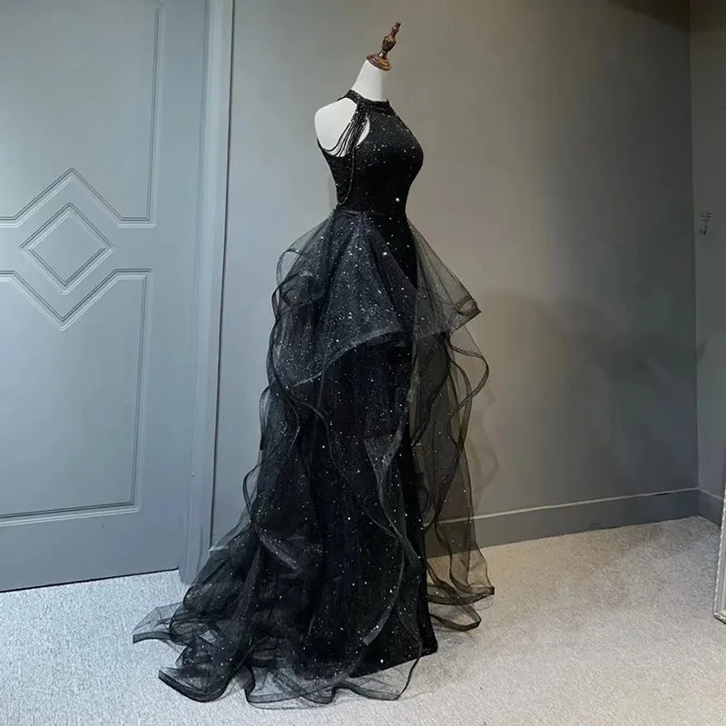 Black Sparkly Long Prom Dress A Line Tulle Evening Gown Party Dress 179