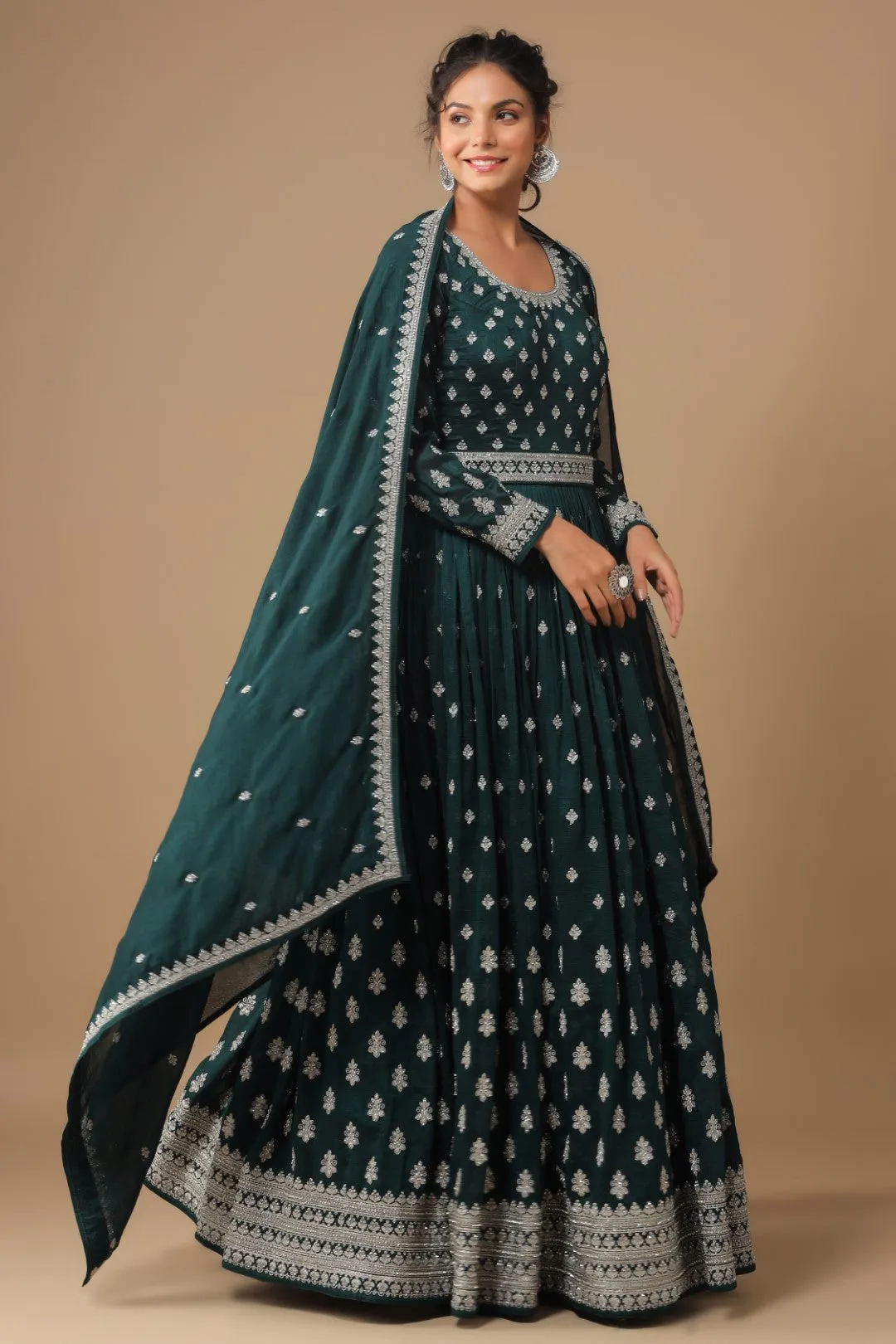 Bottle Green Zari Embroidered Silk Anarkali Set with belt