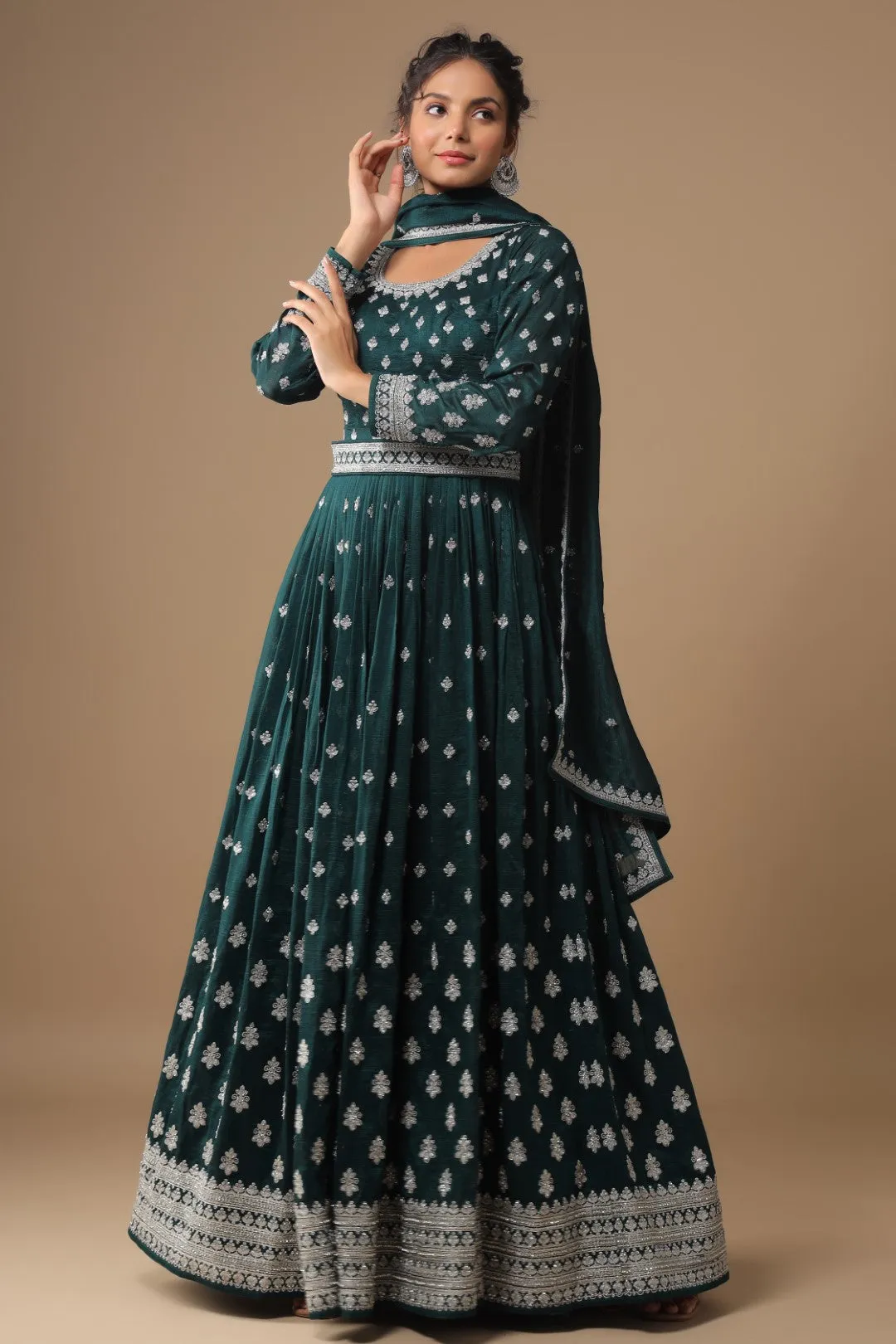 Bottle Green Zari Embroidered Silk Anarkali Set with belt