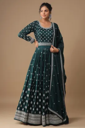 Bottle Green Zari Embroidered Silk Anarkali Set with belt