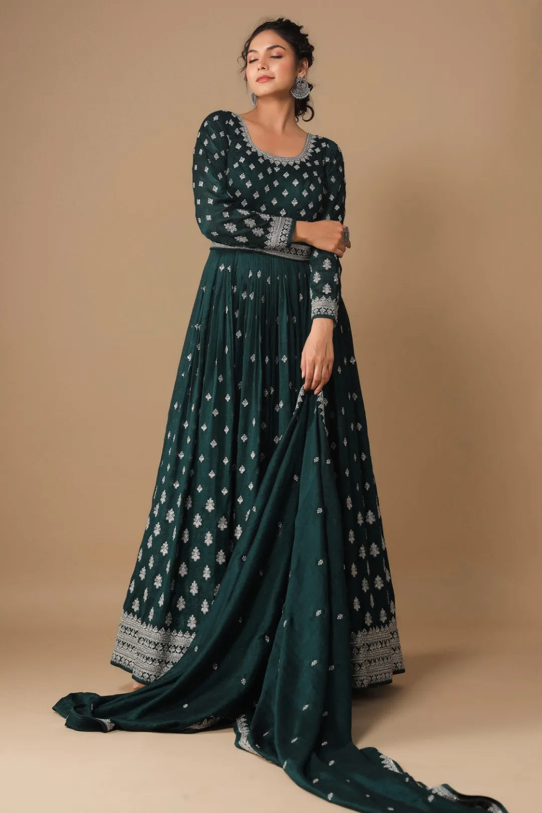 Bottle Green Zari Embroidered Silk Anarkali Set with belt