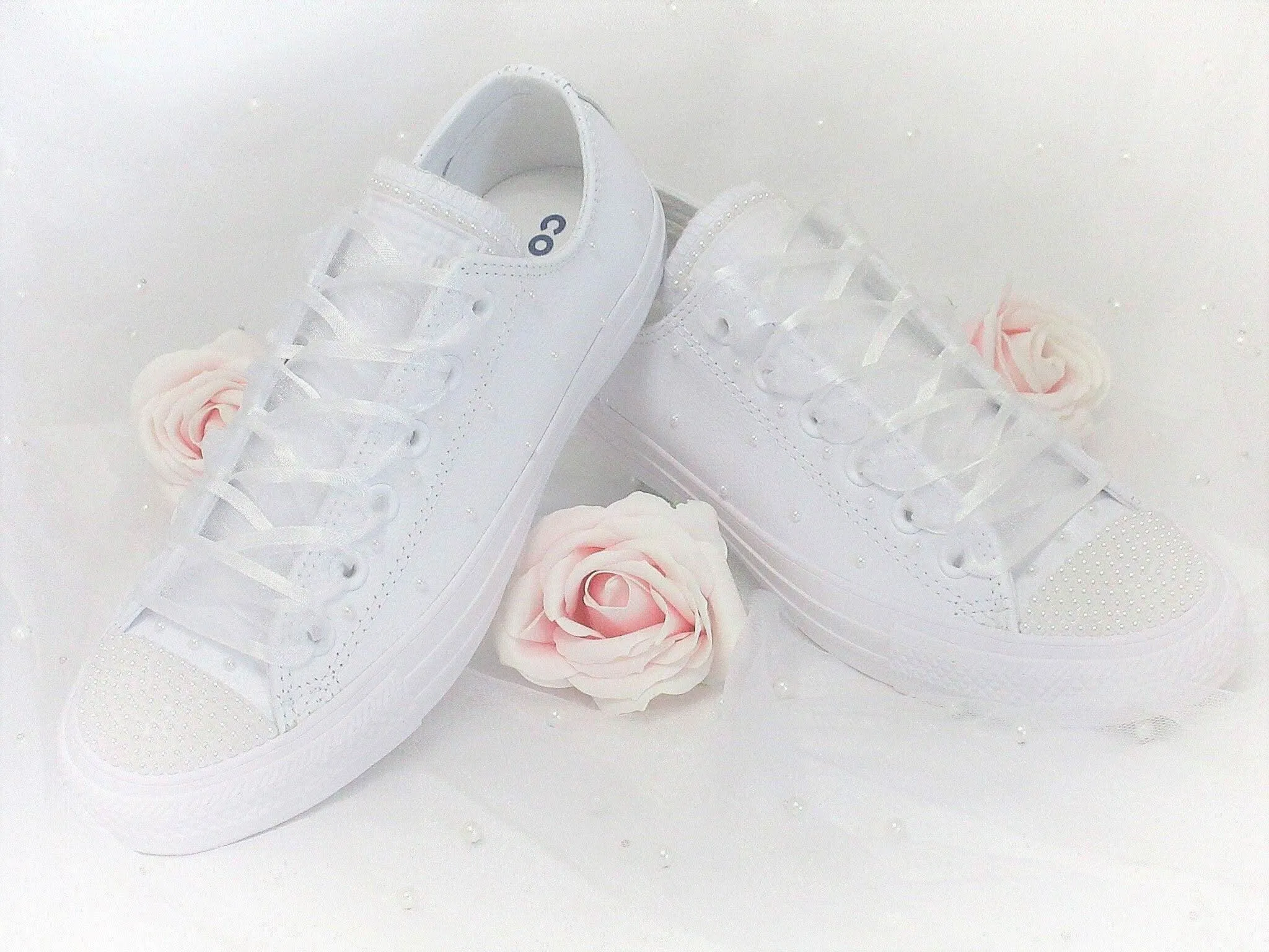Bridal Wedding Custom White Pearl Leather  Converse- Wedding Sneakers- Bride Converse