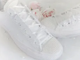 Bridal Wedding Custom White Pearl Leather  Converse- Wedding Sneakers- Bride Converse