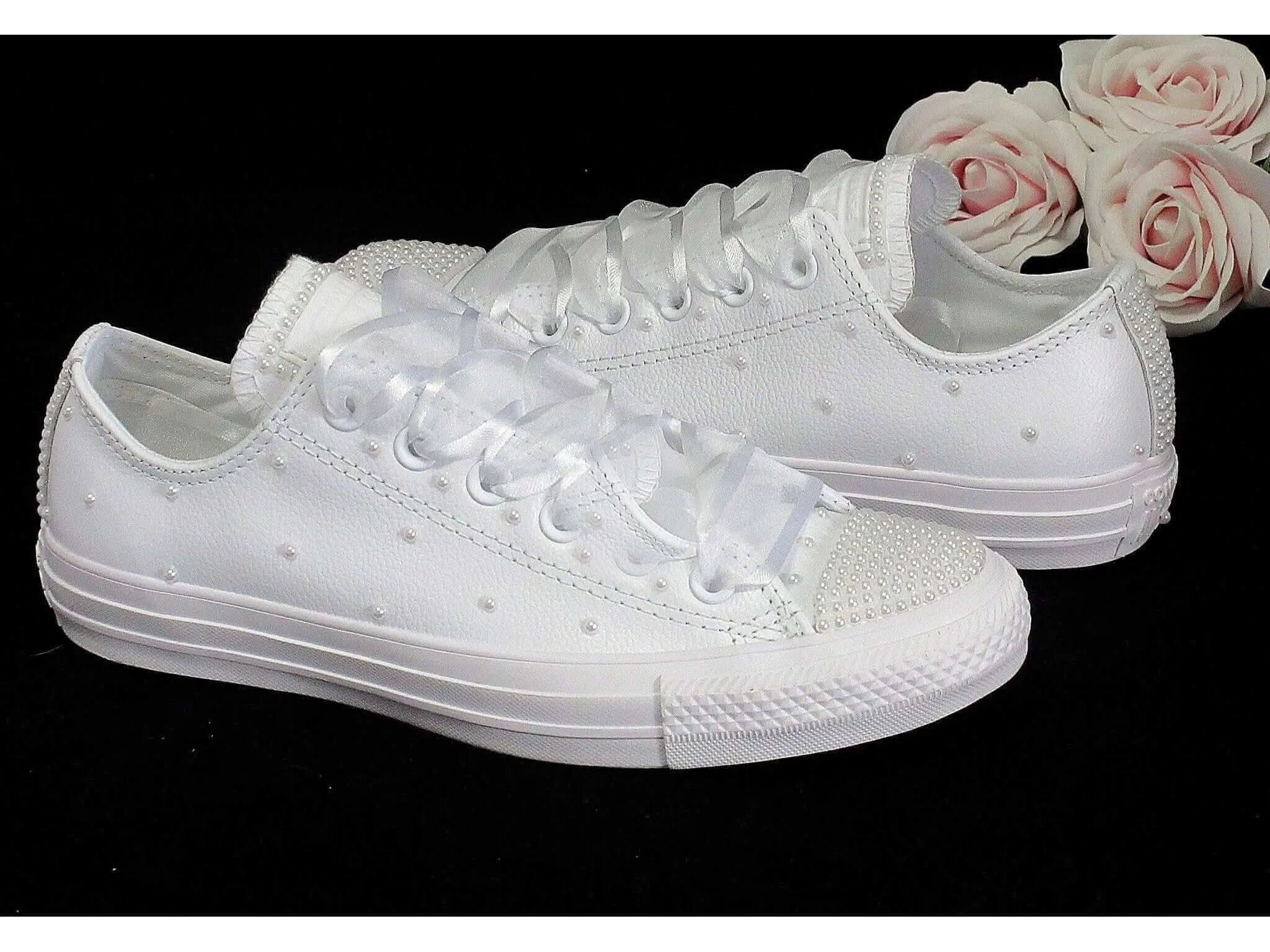 Bridal Wedding Custom White Pearl Leather  Converse- Wedding Sneakers- Bride Converse
