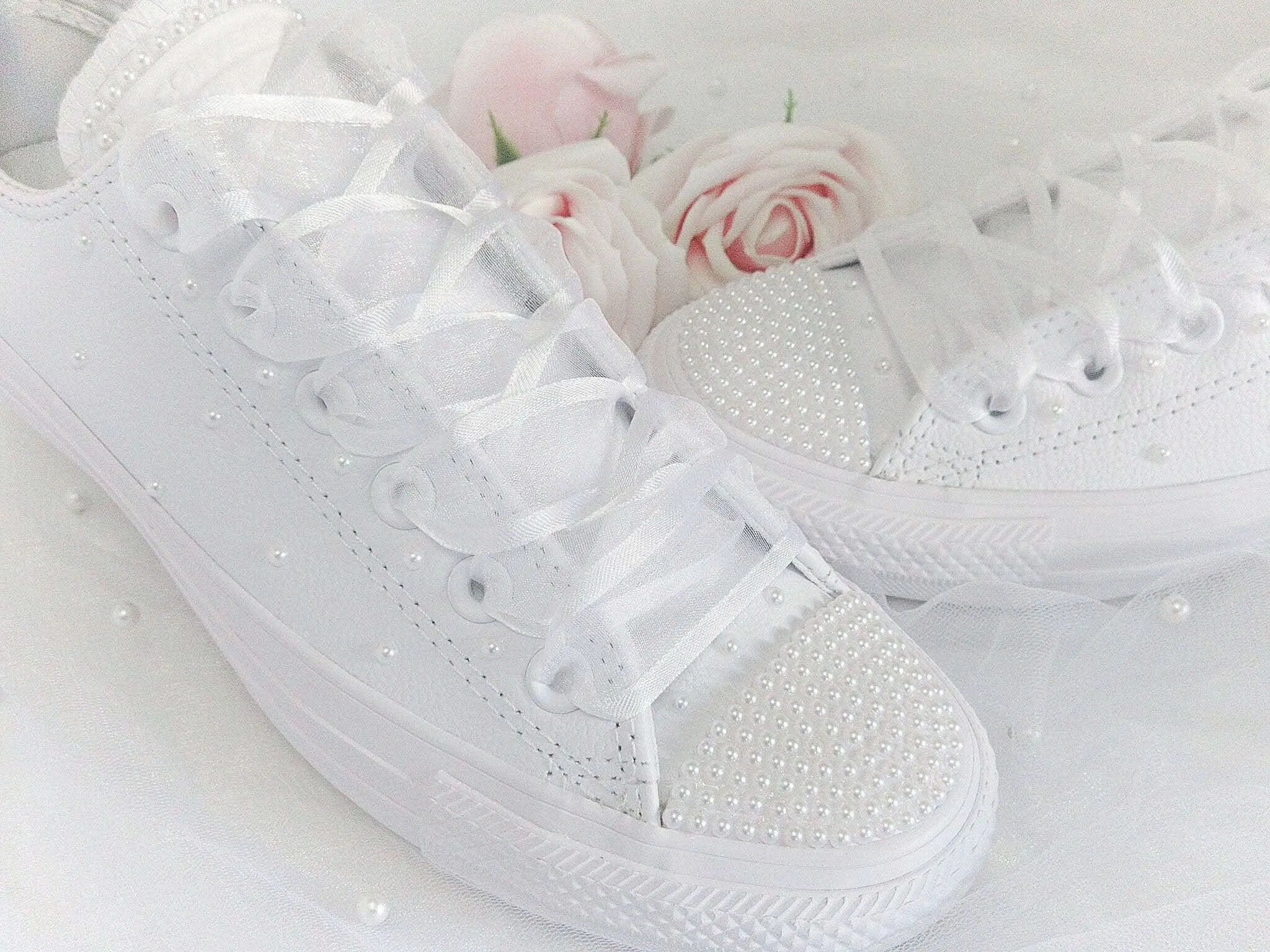 Bridal Wedding Custom White Pearl Leather  Converse- Wedding Sneakers- Bride Converse