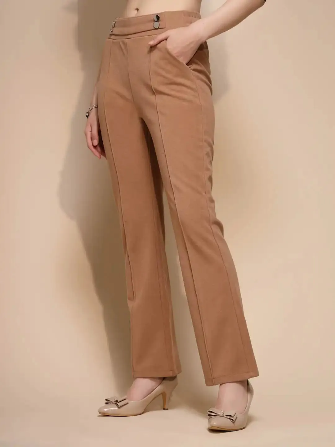 Brown Solid High Rise Trouser For Winter