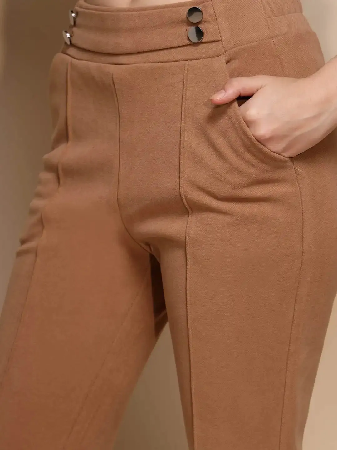 Brown Solid High Rise Trouser For Winter