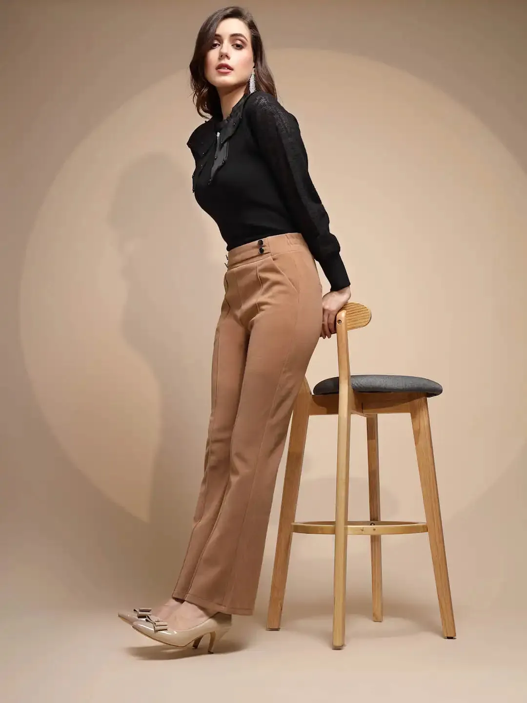 Brown Solid High Rise Trouser For Winter