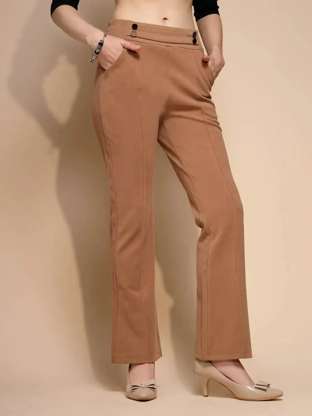 Brown Solid High Rise Trouser For Winter