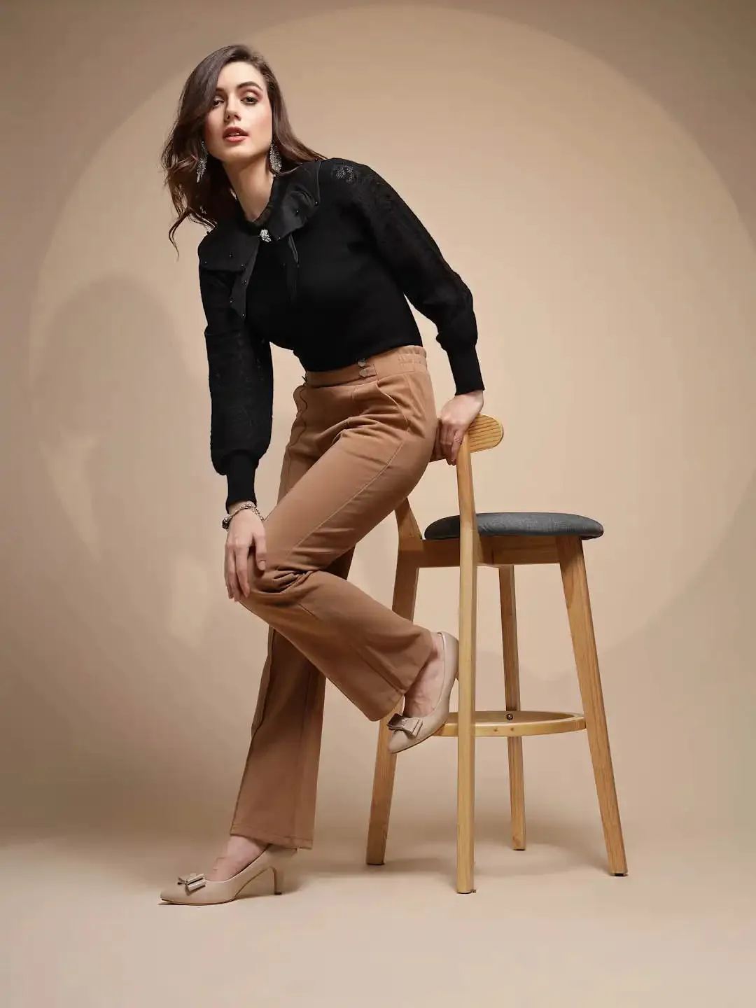 Brown Solid High Rise Trouser For Winter
