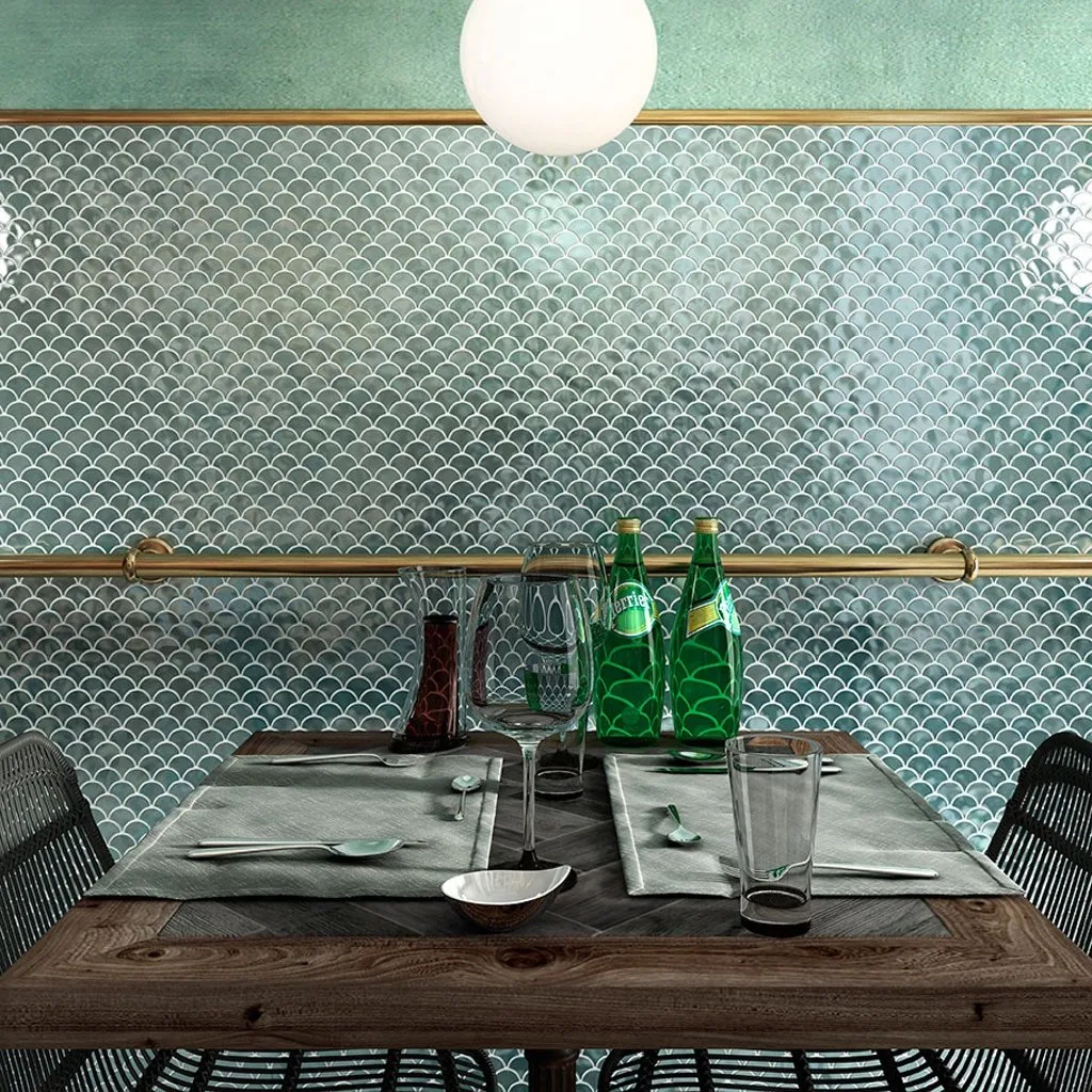 Brushed Green, Fish Scale Mosaic - Glass Tile