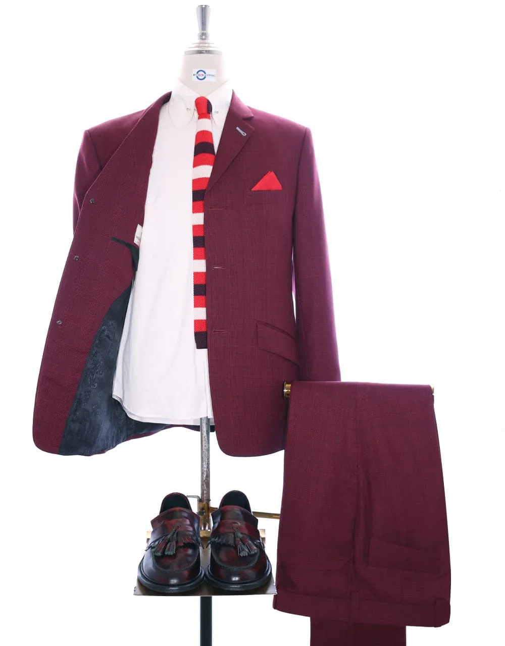 Burgundy Prince Of Wales Check Suit