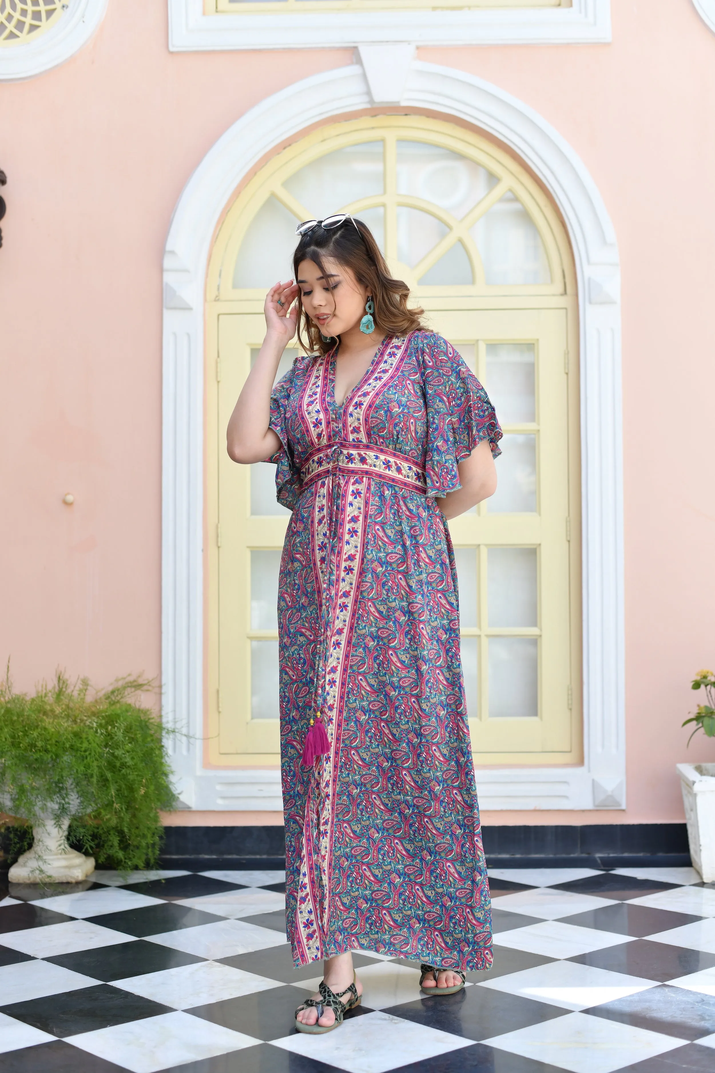 Butterfly Sleeves Middle Slit Foil Featured Maxi Dress