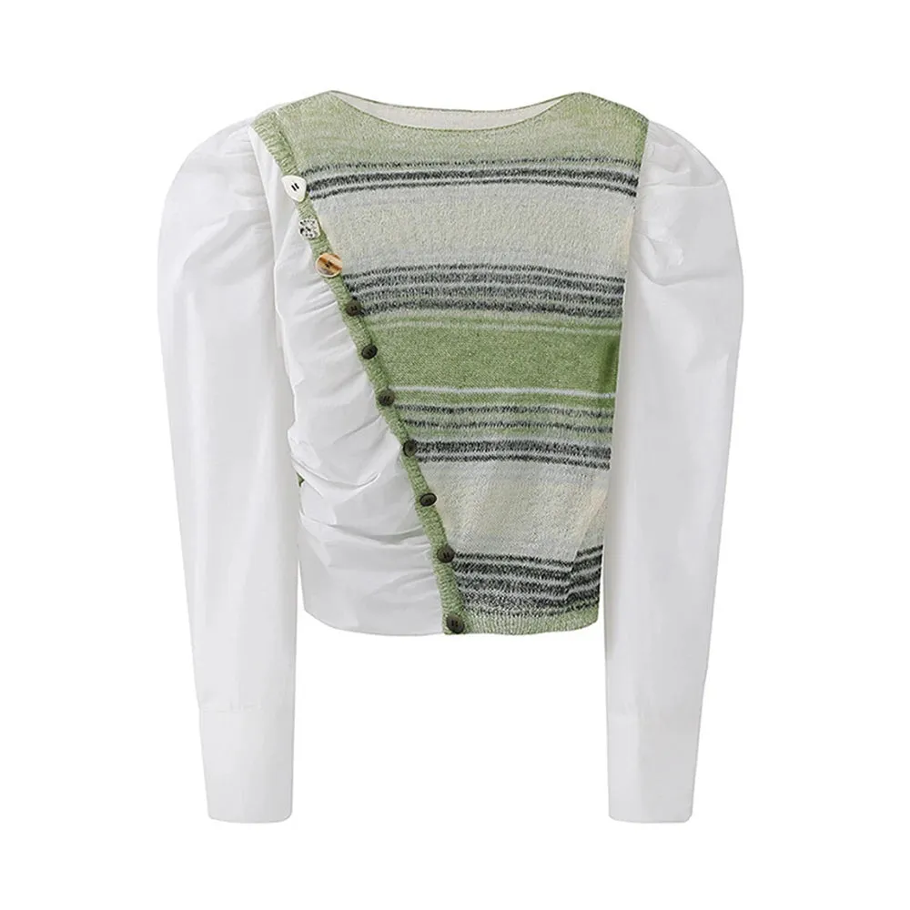 Casual Patchwork ColorBlock Shirt For Women Round Neck Puff Sleeve Loose Pullover Blouses Female Spring Clothes