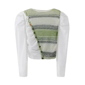 Casual Patchwork ColorBlock Shirt For Women Round Neck Puff Sleeve Loose Pullover Blouses Female Spring Clothes