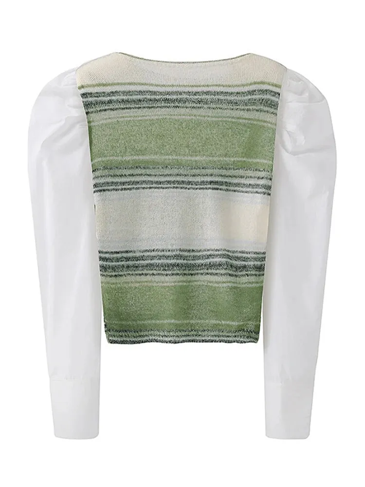 Casual Patchwork ColorBlock Shirt For Women Round Neck Puff Sleeve Loose Pullover Blouses Female Spring Clothes