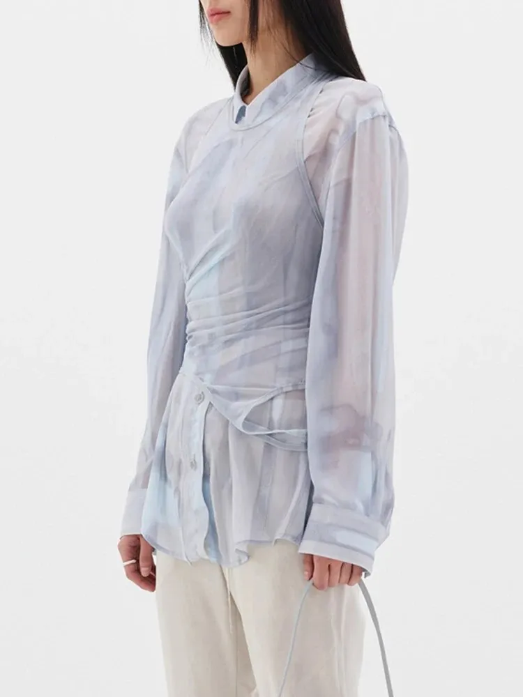 Casual Printing Shirt For Women Lapel Long Sleeve Patchwork Single Breasted Loose Blouse Female Fashion Clothing