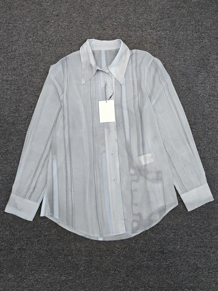 Casual Printing Shirt For Women Lapel Long Sleeve Patchwork Single Breasted Loose Blouse Female Fashion Clothing