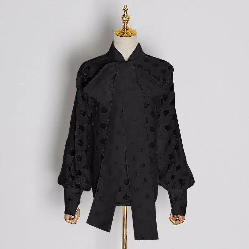 Casual Ruched Women's Blouses Bow Collar Lantern Long Sleeve Lace Up Shirts For Female Fashion Clothing