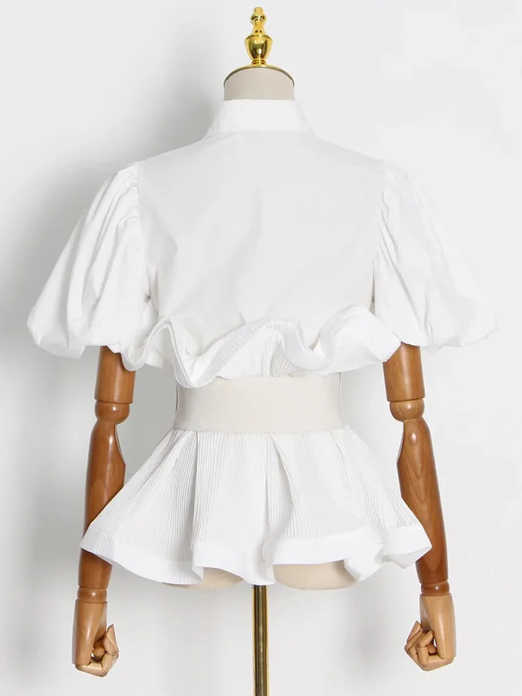 Casual Shirts For Women Ruffle Trim Lapel Puff Sleeve High Waist Sashes Slim Blouses Female Spring Clothes