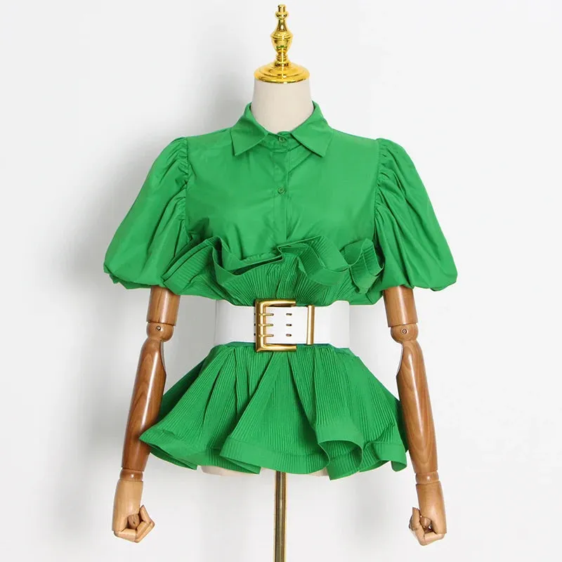 Casual Shirts For Women Ruffle Trim Lapel Puff Sleeve High Waist Sashes Slim Blouses Female Spring Clothes