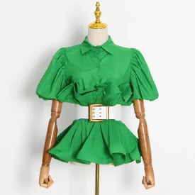 Casual Shirts For Women Ruffle Trim Lapel Puff Sleeve High Waist Sashes Slim Blouses Female Spring Clothes