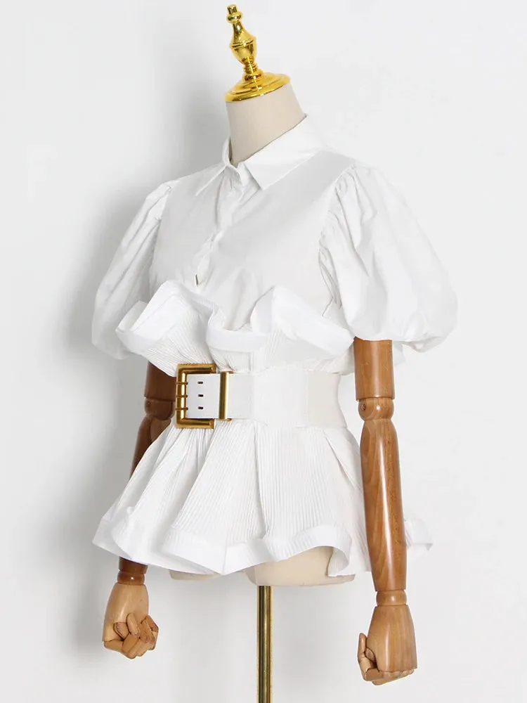 Casual Shirts For Women Ruffle Trim Lapel Puff Sleeve High Waist Sashes Slim Blouses Female Spring Clothes