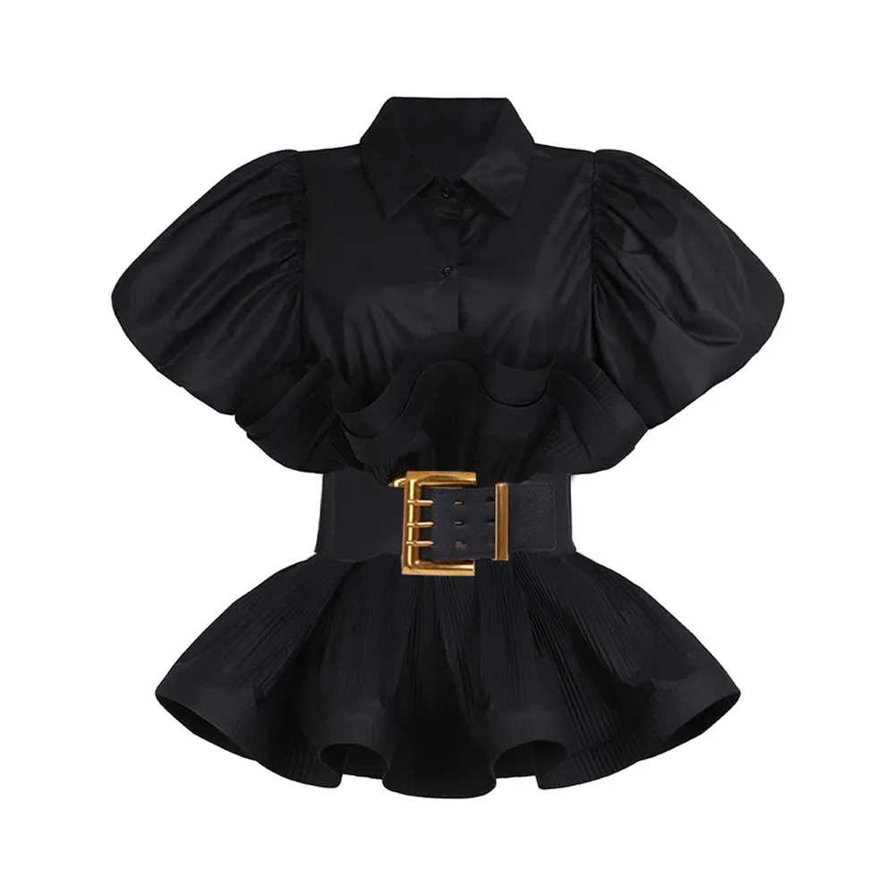 Casual Shirts For Women Ruffle Trim Lapel Puff Sleeve High Waist Sashes Slim Blouses Female Spring Clothes