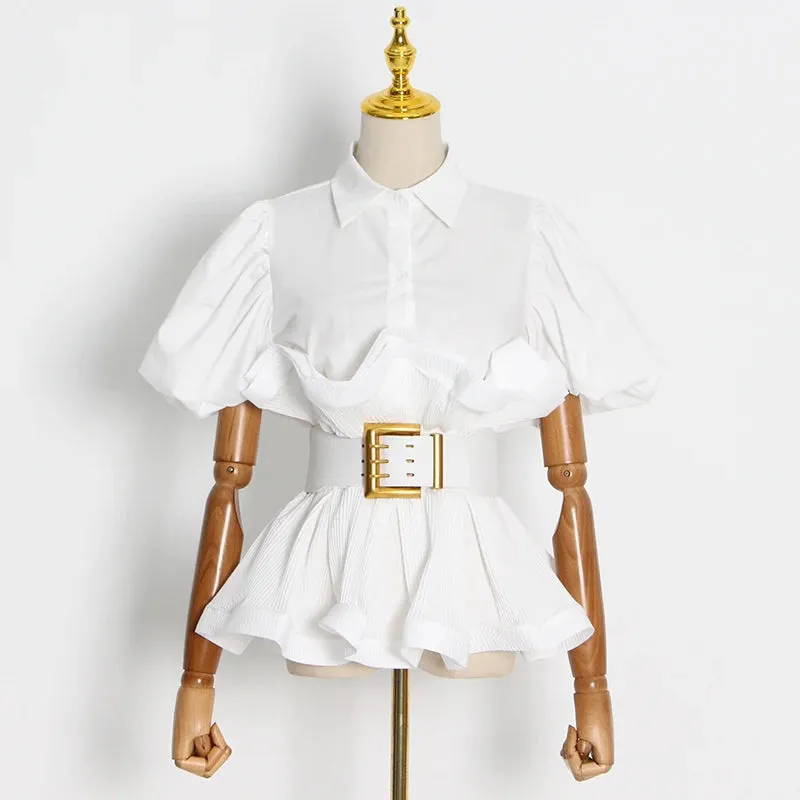 Casual Shirts For Women Ruffle Trim Lapel Puff Sleeve High Waist Sashes Slim Blouses Female Spring Clothes