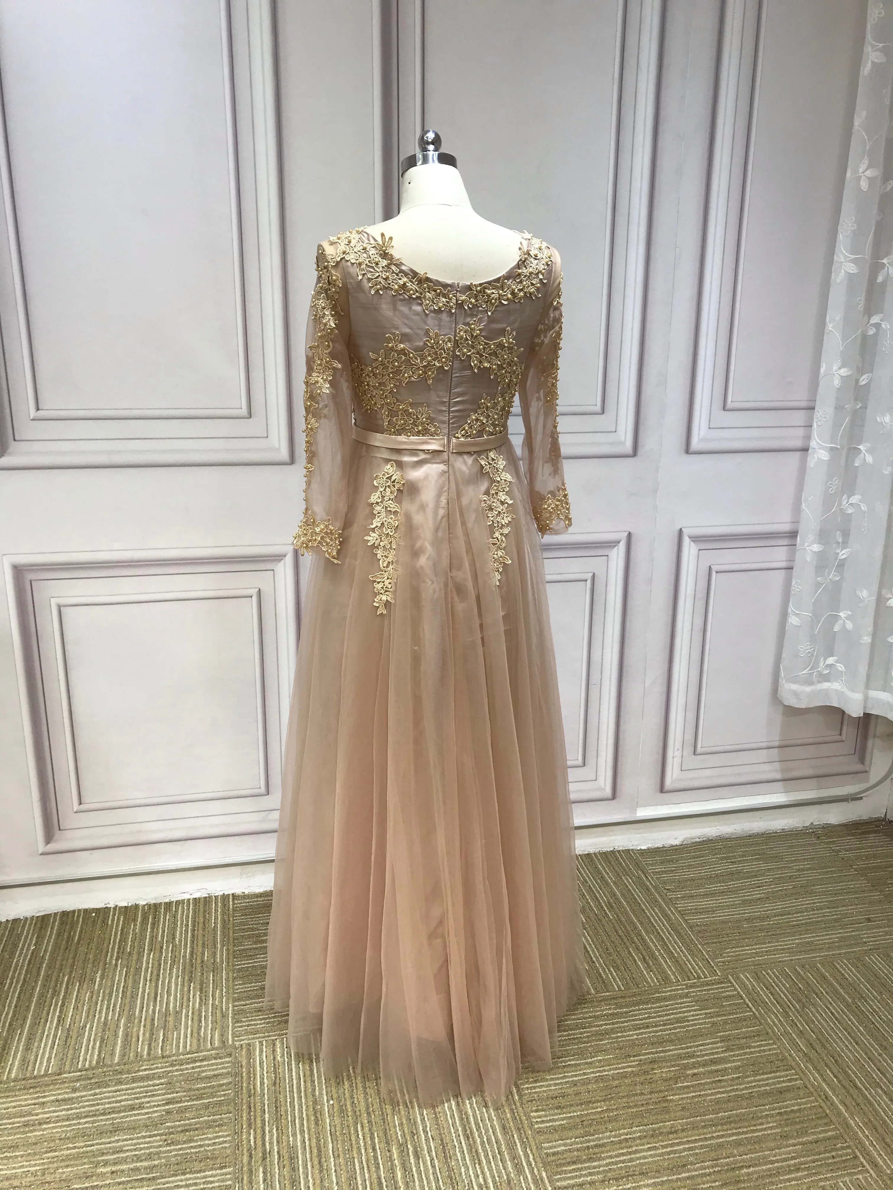 Chic champagne nude lace appliques pearls beaded tulle semi formal graduation dresses 2021#112211