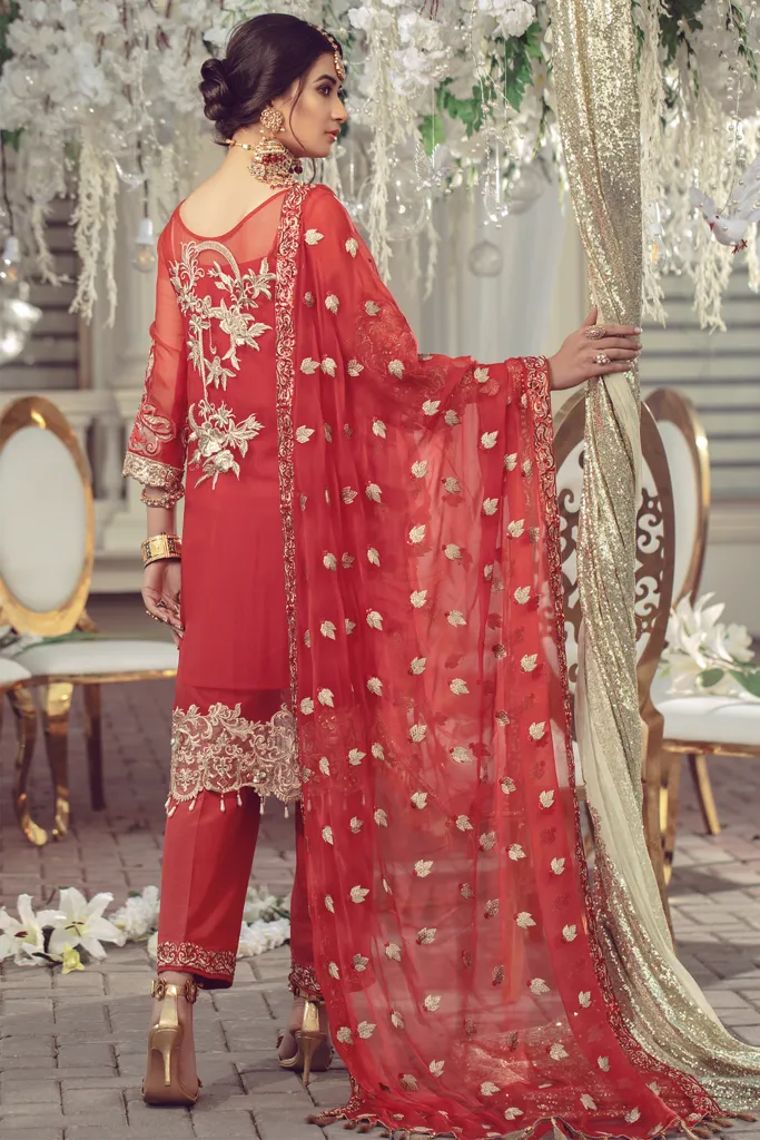 Chiffon embroidered Pakistani women formal eid wear in red color # P2494