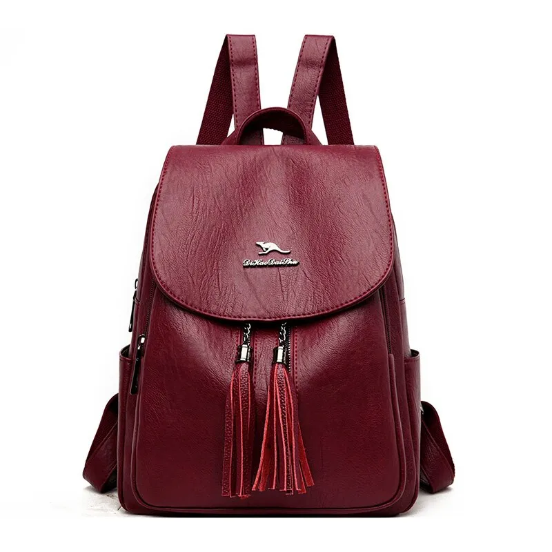 Christmas Gift NEW Double Tassels Women Leather Backpacks High Quality Female Backpack Casual Daily Bag Ladies Bagpack Travel School Back Pack