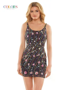 Colors 2903 Size 10 Navy Short fitted 3D Sequin Floral embellished Formal Cocktail Dress Scoop Neck
