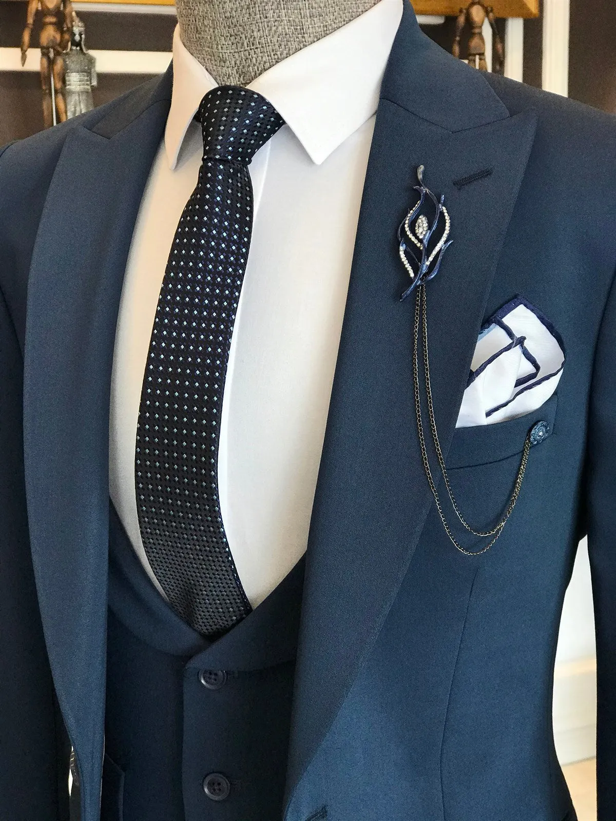 Cyril Latest Navy Peaked Lapel Three-Piece Business Men’s Suit