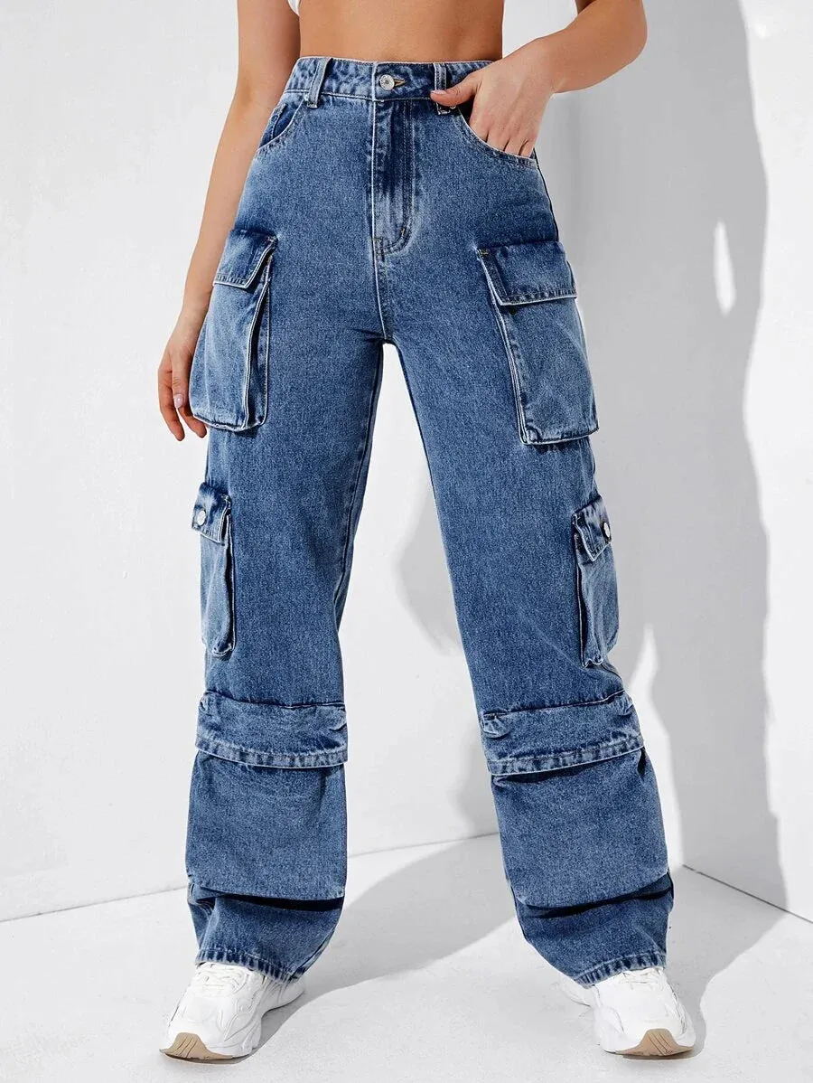 Easy Wear High Waisted Flap Pocket Cargo Jeans