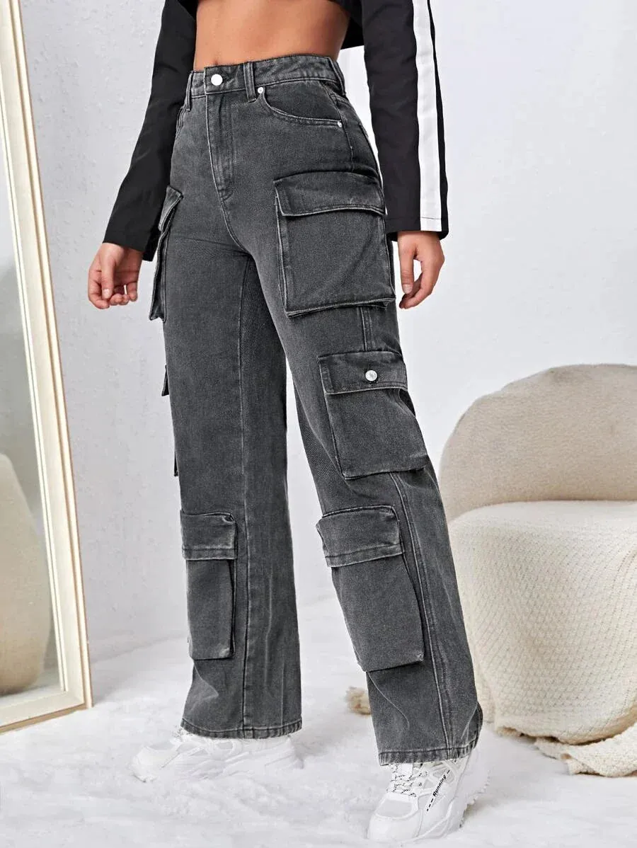Easy Wear High Waisted Flap Pocket Cargo Jeans